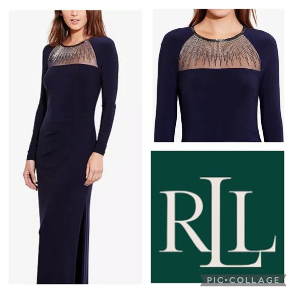 LAUREN RALPH LAUREN Beaded-Yoke Jersey Gown size 8 - Picture 1 of 11